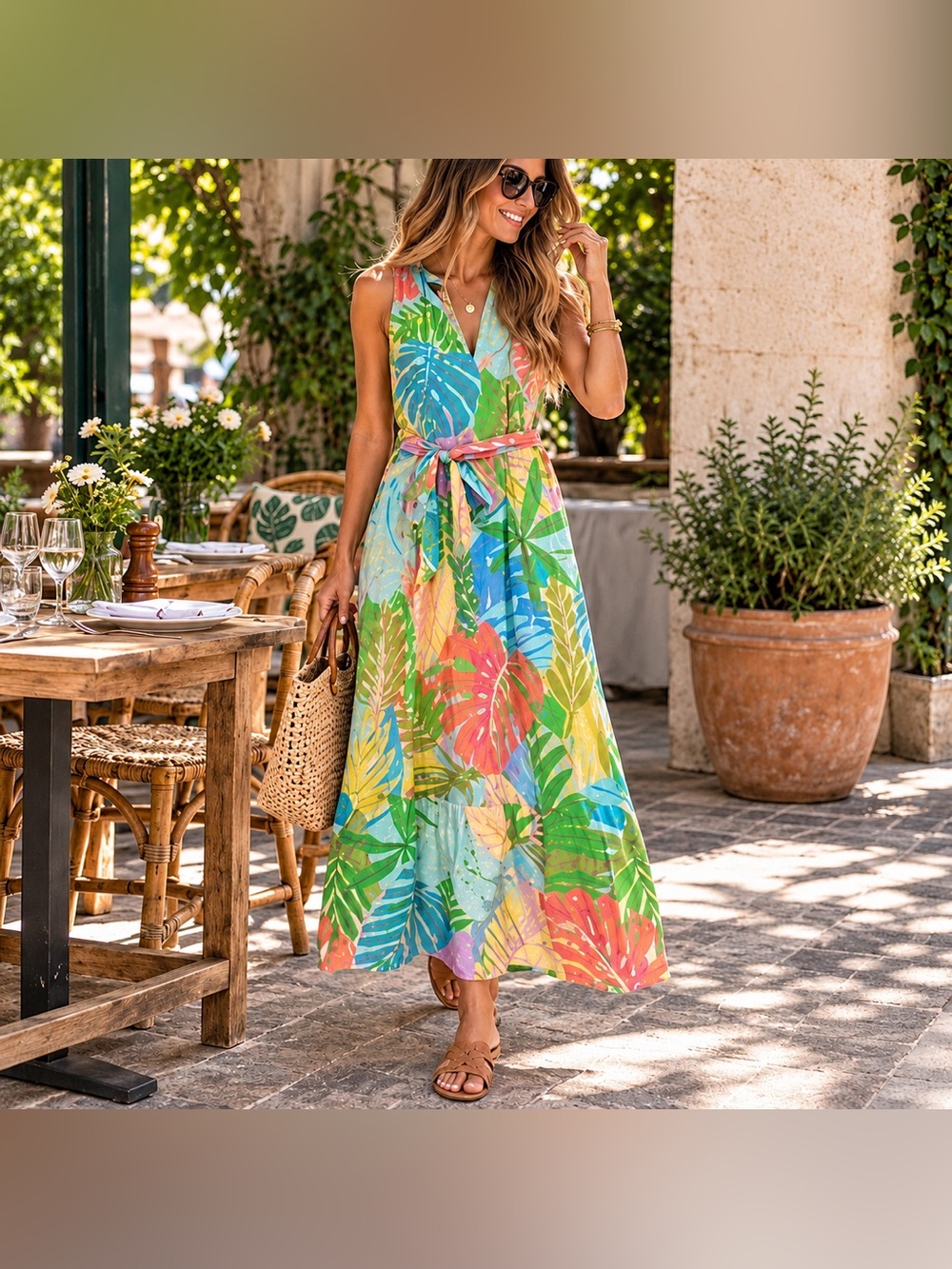 Talbots Dress Womens 16 Floral Tropical Cotton Belted Maxi New